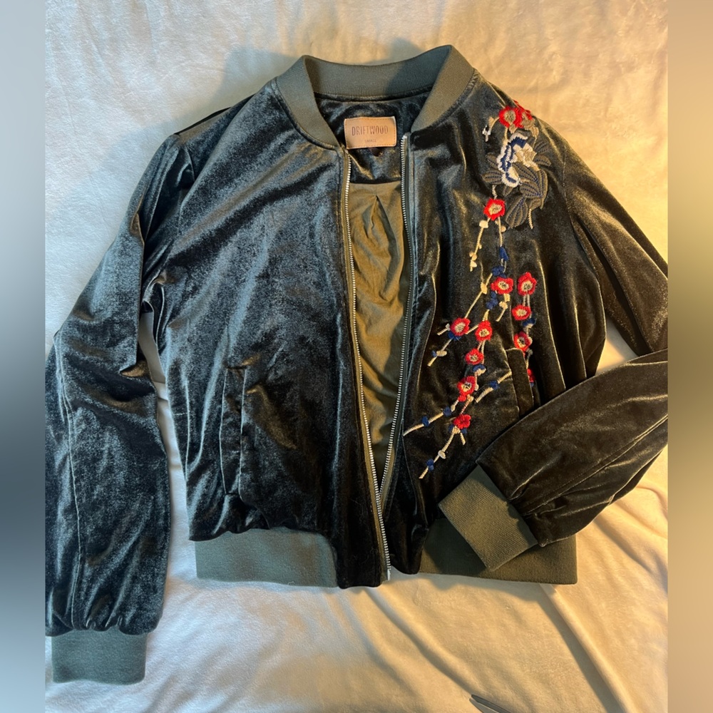 DRIFTWOOD Dark Velvet Bomber Jacket with Floral Embroidery